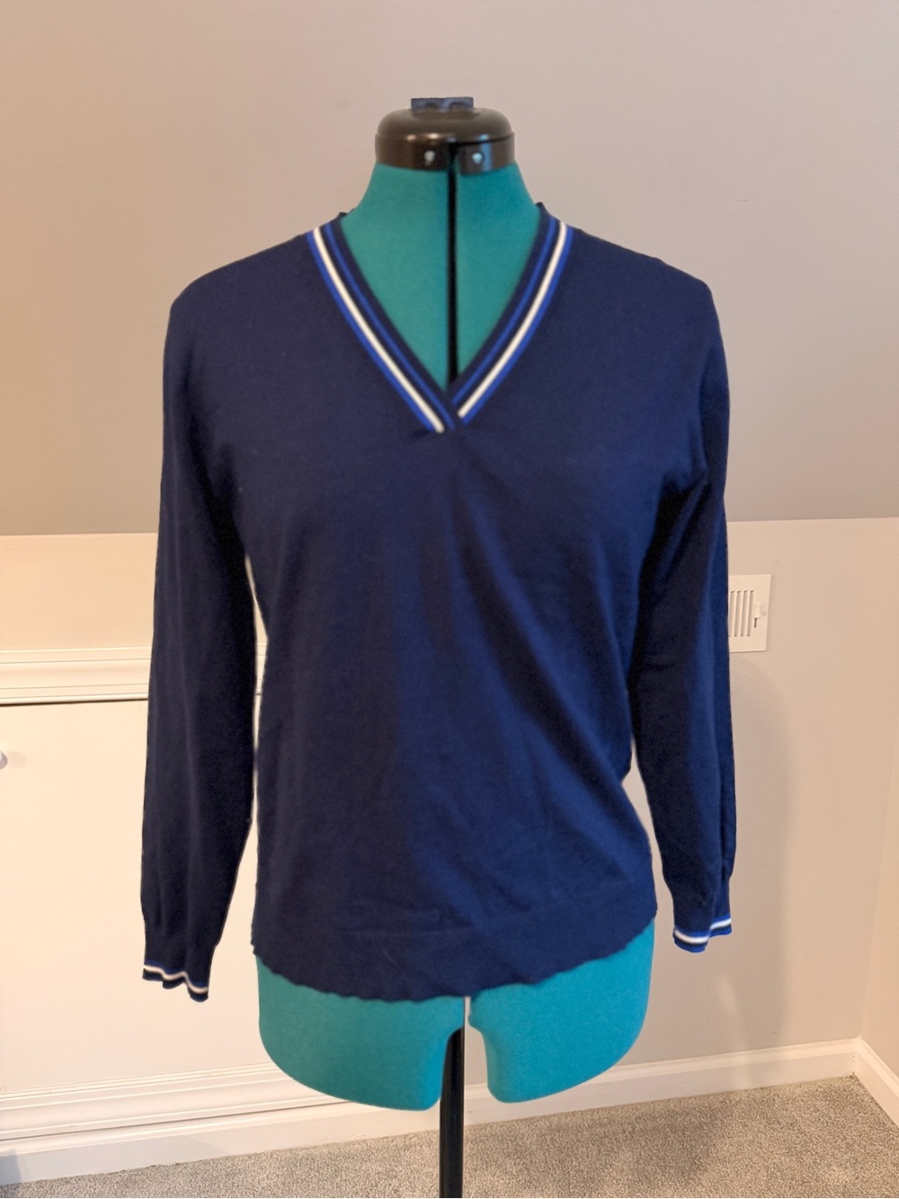 Peter Millar Navy V-Neck Sweater with Blue and White Stripe Trim - Picture 1 of 5
